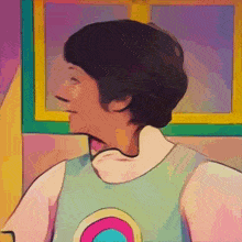 a cartoon drawing of a woman with a rainbow on her outfit