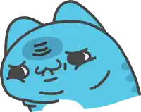 a cartoon drawing of a blue cat with black eyes
