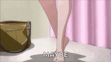 a woman is walking barefoot in a room with a purse and the words maybe written on the bottom