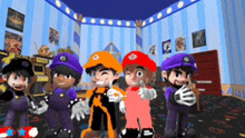 a group of cartoon characters are standing in a room giving a thumbs up .