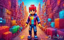 a video game character is walking through a colorful tunnel