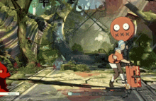 a video game screen shows a character with a smiley face that says xxx on it