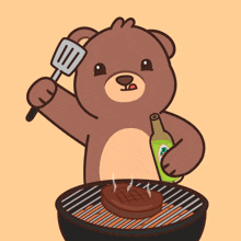 a cartoon of a teddy bear holding a spatula over a grill