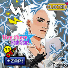 a cartoon drawing of a man with the words hey there rock star on it