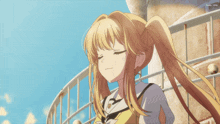 a girl with blonde hair is standing in front of a fence and a blue sky