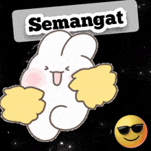 a sticker with a bunny and a smiley face that says semangat