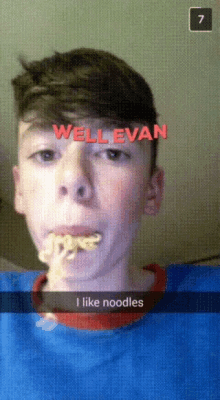 a young boy eating noodles with the name wellevan written on his face
