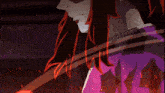 a cartoon character with long red hair and a purple shirt is standing in front of a fire .