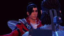 a man in a red jacket has the letter a on his chest