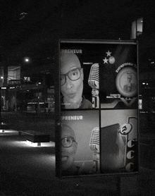 a black and white photo of a man with glasses and the words entrepreneur on it