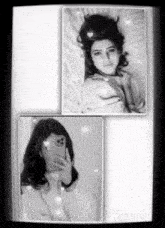 a black and white photo of a woman taking a selfie with a cell phone .