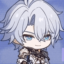 a cartoon character with white hair and blue eyes is wearing a knight 's outfit .