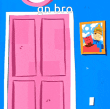 a cartoon character with a hamburger on his head is standing in front of a door that says gn bro on it