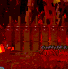 a painting of a skeleton in a cave with a red background