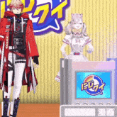 a man in a red coat is standing next to a girl in a white dress with the number 83 on it