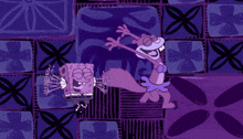 a cartoon of spongebob and sandy cheeks in a purple background