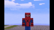 a spiderman skin in minecraft is standing in front of a cloudy sky .