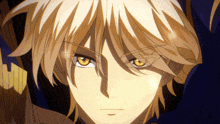 a close up of a blonde anime character with yellow eyes