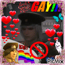 a picture of a man in a military uniform with a rainbow flag and the word gay in the background