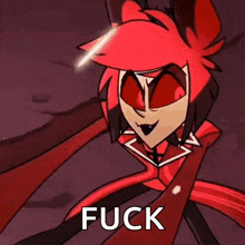 a cartoon character with red eyes and red hair is standing in a dark room and says `` fuck '' .