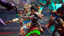 a video game character is holding a sword in a crowd of people