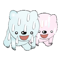 two cartoon bears are standing next to each other with sweat on their faces .