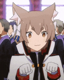 a cartoon character with cat ears is standing in front of a crowd of people