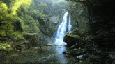 a waterfall in the middle of a forest with trees and rocks