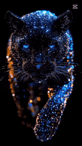 a panther with blue eyes is surrounded by lights