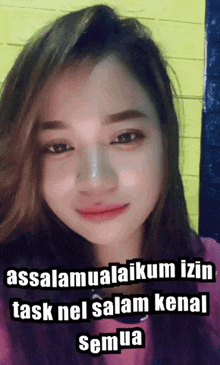 a picture of a woman with the words assalamualaikum izin task nel salam kenal semua