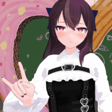 a girl with purple hair and red eyes giving a peace sign