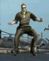 a man in a military uniform is jumping in the air in front of helicopters