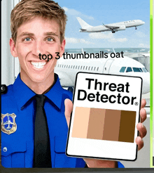 a man holding a sign that says threat detector on it