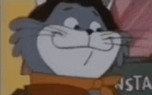 a close up of a cartoon cat with a mustache and a scarf around its neck .