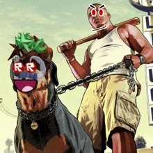 a cartoon of a man holding a bat standing next to a dog with rr written on his face