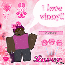 a picture of a girl with a speech bubble saying " i love vinny "