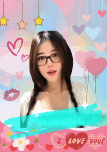 a picture of a girl with glasses and the words " i love you "
