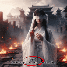 a woman in a white kimono with blindfolds stands in front of a burning building and museum bola written on the bottom right