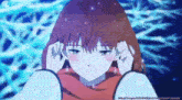a girl with red hair is covering her ears with her hands in a anime scene .