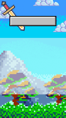 a pixel art of a mountain with a sword in the sky