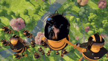 a bunch of bees are flying in the air and one of them is wearing headphones