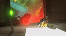 a cartoon character is laying on a table in front of a red light