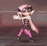 a cartoon character is dancing in front of a pink laser
