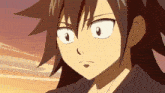 a close up of a anime character 's face with a sunset in the background