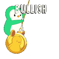 a green and white penguin is holding a gold coin with the word bullish above it
