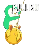a green and white penguin is holding a gold coin with the word bullish above it