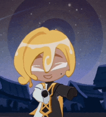 a cartoon character with yellow hair and a white swirl on his head