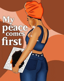 a cartoon of a woman holding a book with the words " my peace comes first "