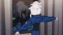 a cartoon character with white hair and a blue jacket is looking out a window