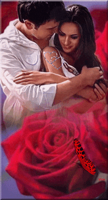 a painting of a man and a woman hugging with a red rose in the foreground